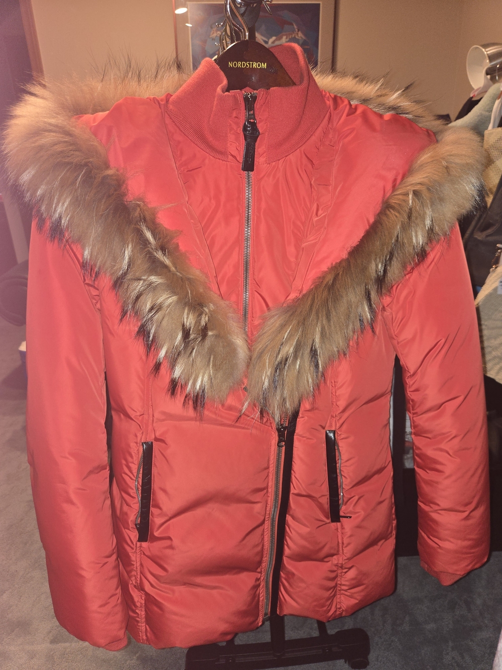 Mackage Red Puffer Jacket with Faux Fur Trim